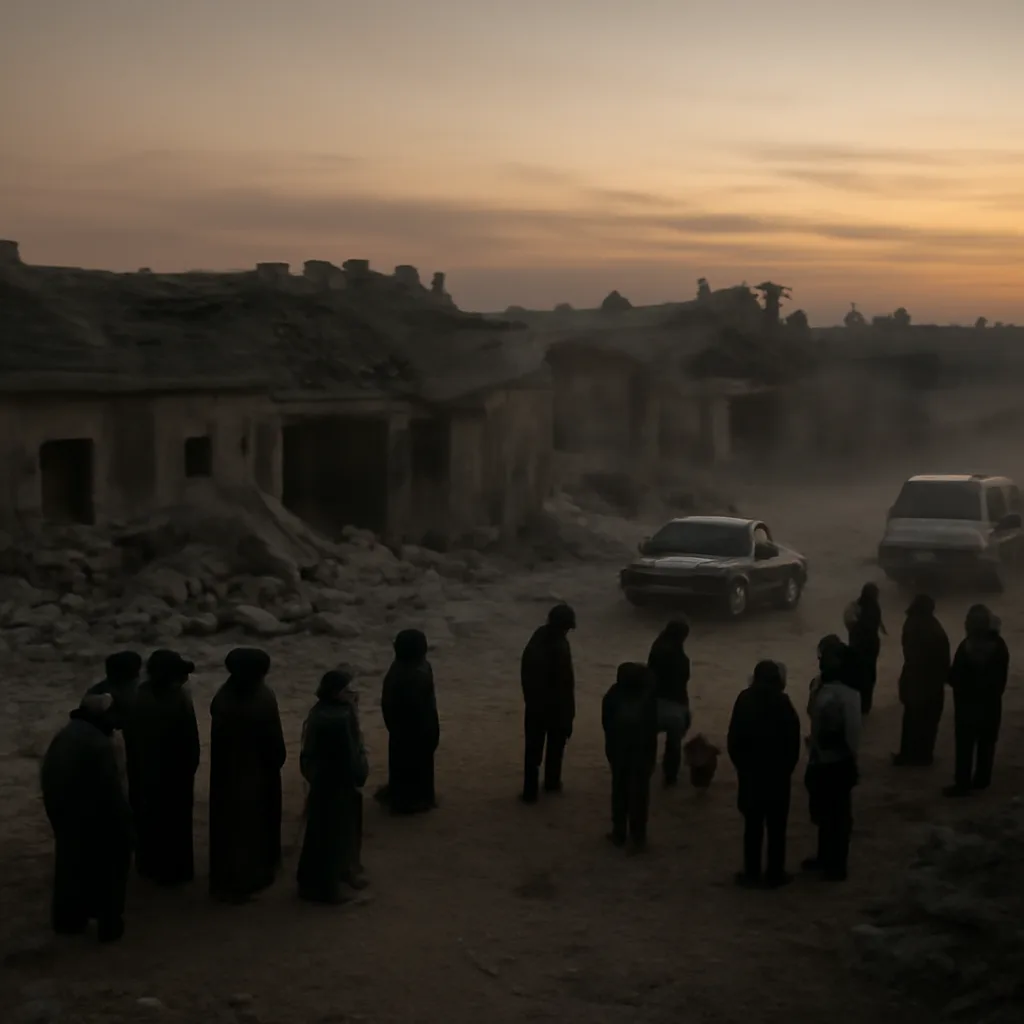 A rural compound with damaged buildings and emergency responders and local residents gathered outside after a drone strike; dust and debris visible, dusk light.