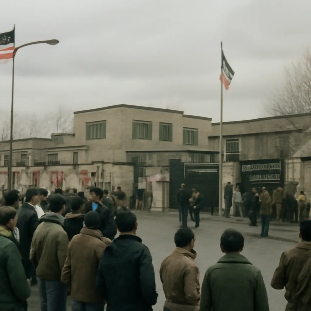 Crowded courtyard of the U.S. Embassy compound in Tehran with groups of people, Iranian flags visible, and soldiers or militia figures nearby, circa 1979.