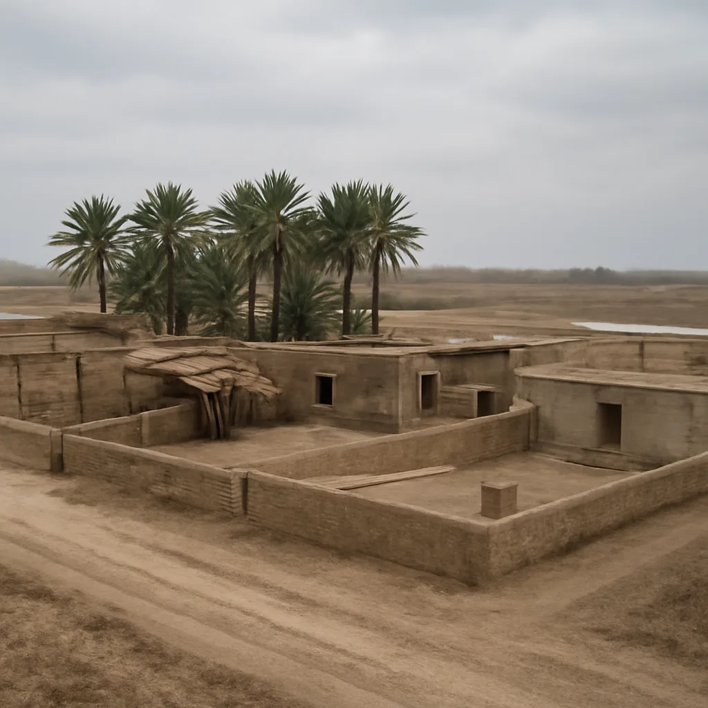 Iraqi rural farm compound near Tikrit with a low courtyard and date palm trees, photographed from a distance under overcast sky — site vicinity where Saddam Hussein was captured in December 2003.