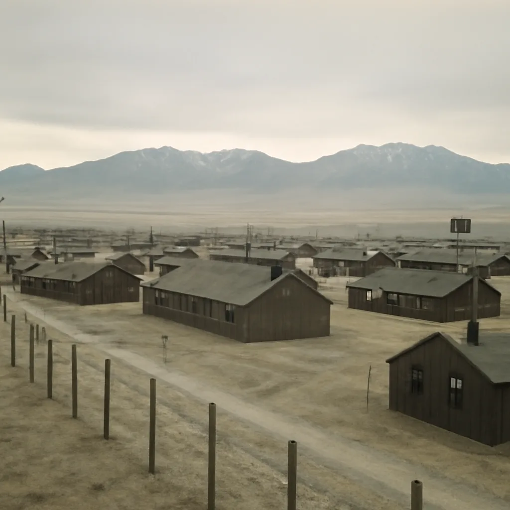 Rows of low wooden barracks and fences at a World War II–era Japanese American relocation camp set on an open plain with distant mountains under a cloudy sky.
