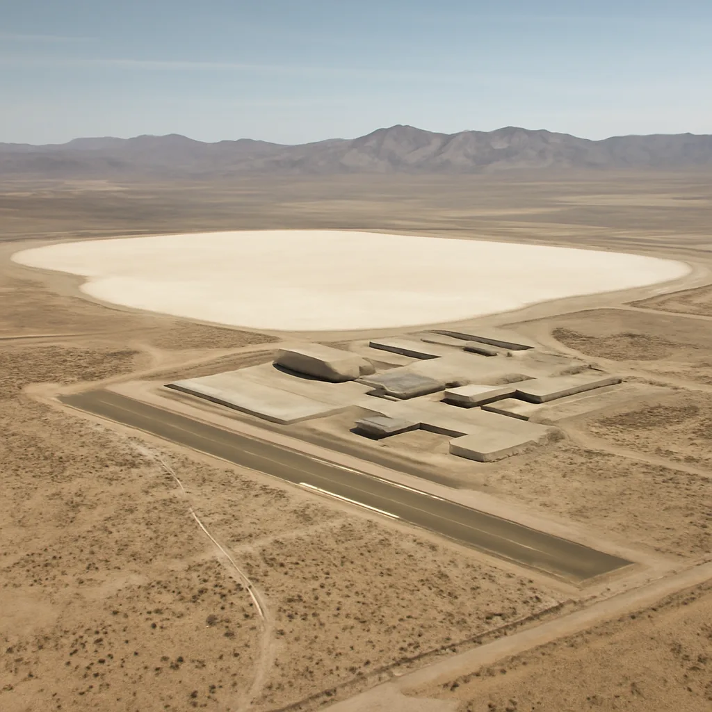Aerial view of the dry Groom Lake basin and perimeter of the classified U.S. test site in southern Nevada, showing a flat salt pan surrounded by arid terrain and sparse dirt roads leading to fenced facilities.