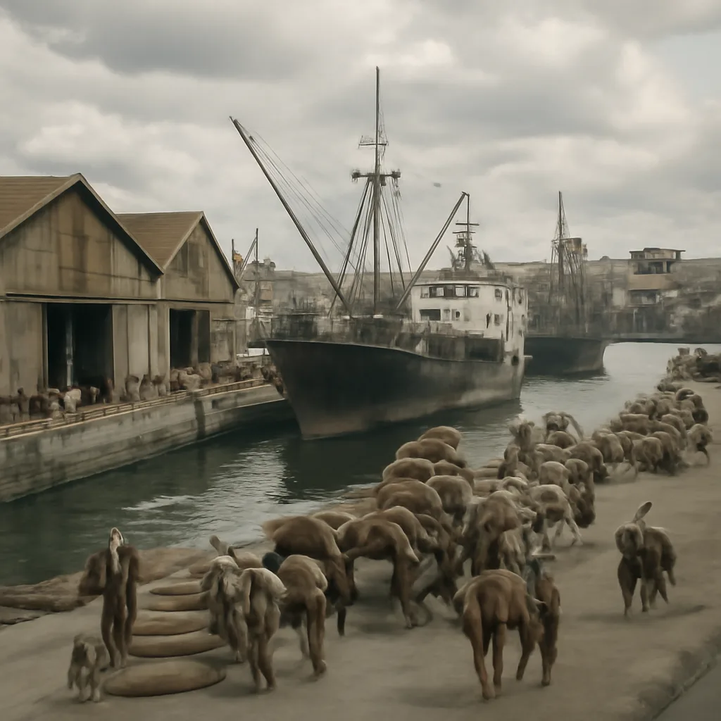 Port scene in Havana circa 1960 showing cargo ships and cranes unloading sacks of sugar and machinery, with colonial warehouses along the waterfront and workers and horse-drawn carts nearby.