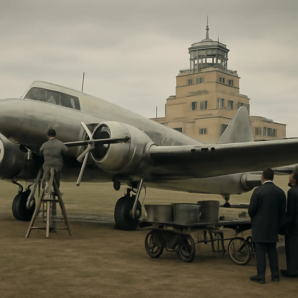 A 1930s airport scene showing a twin-engine commercial aircraft on the tarmac, ground crew and maintenance equipment nearby, and a control tower in the background.