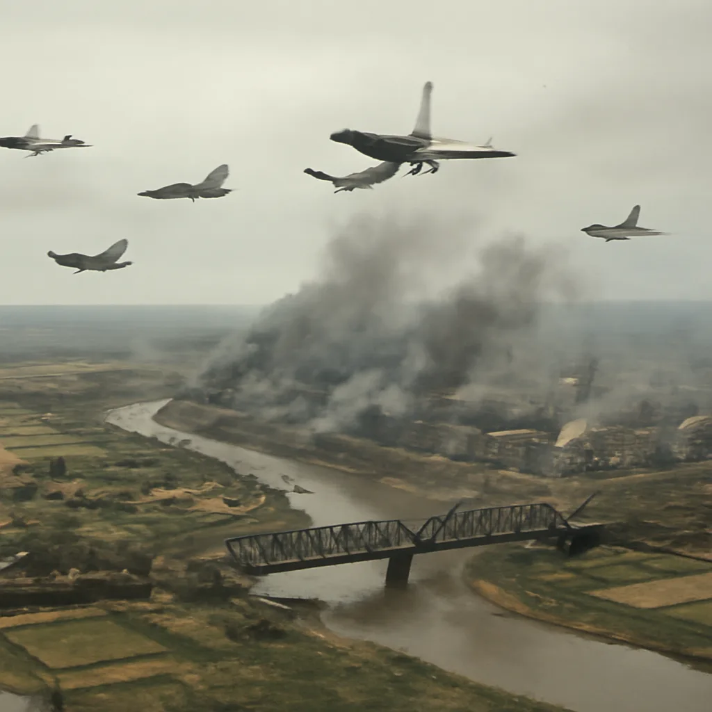 U.S. military aircraft over a river valley with damaged bridges and railway lines in North Vietnam during a late-1972 bombing campaign; smoke rising from industrial targets, no identifiable faces.