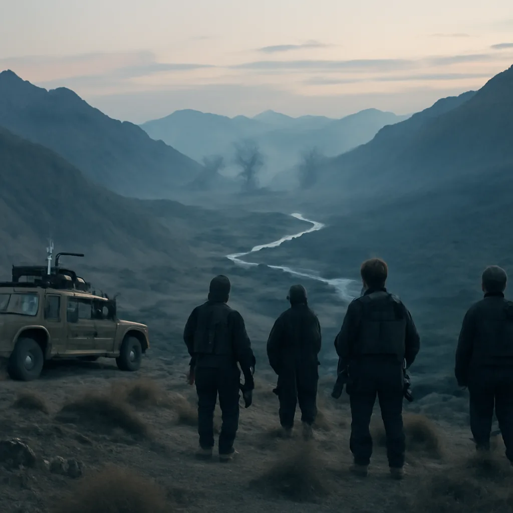Early 2000s aerial view of Afghan mountains and valleys with smoke rising from distant targets; no identifiable faces.