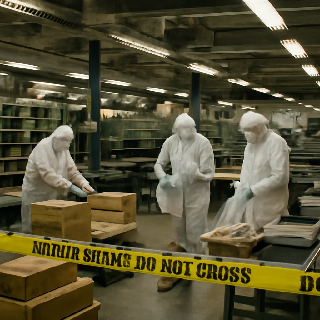 Historic scene of a 2001-era U.S. federal office with personnel in protective gear inspecting a mail-sorting area following anthrax contamination; crates of mail and taped-off sections of the facility are visible.