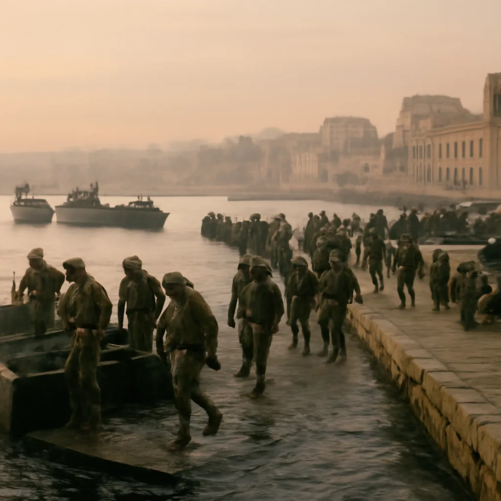 U.S. Marines disembarking from landing craft onto a Beirut waterfront in July 1958, with military vehicles and modest coastal buildings in the background.
