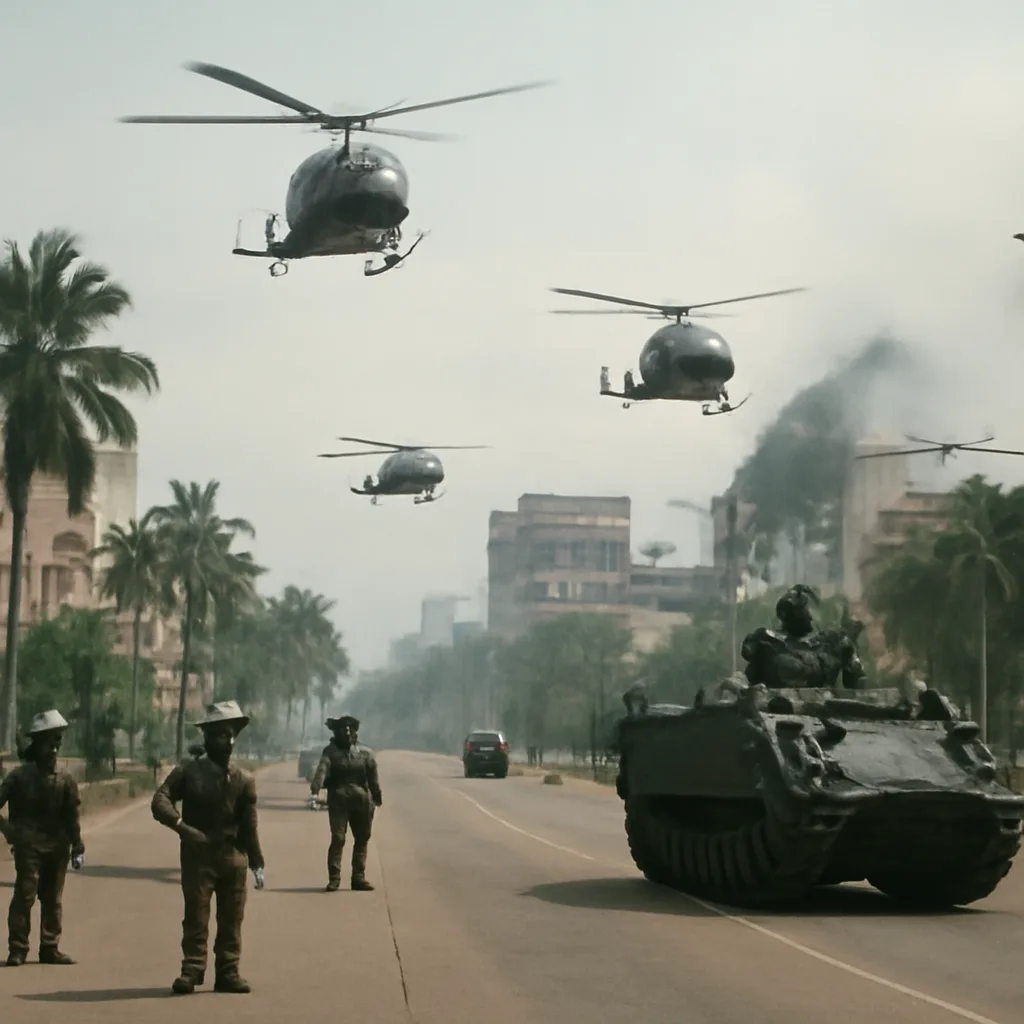 U.S. military vehicles and helicopters near urban buildings in Panama City during the 1989 invasion; smoke and damaged structures visible without identifiable faces.