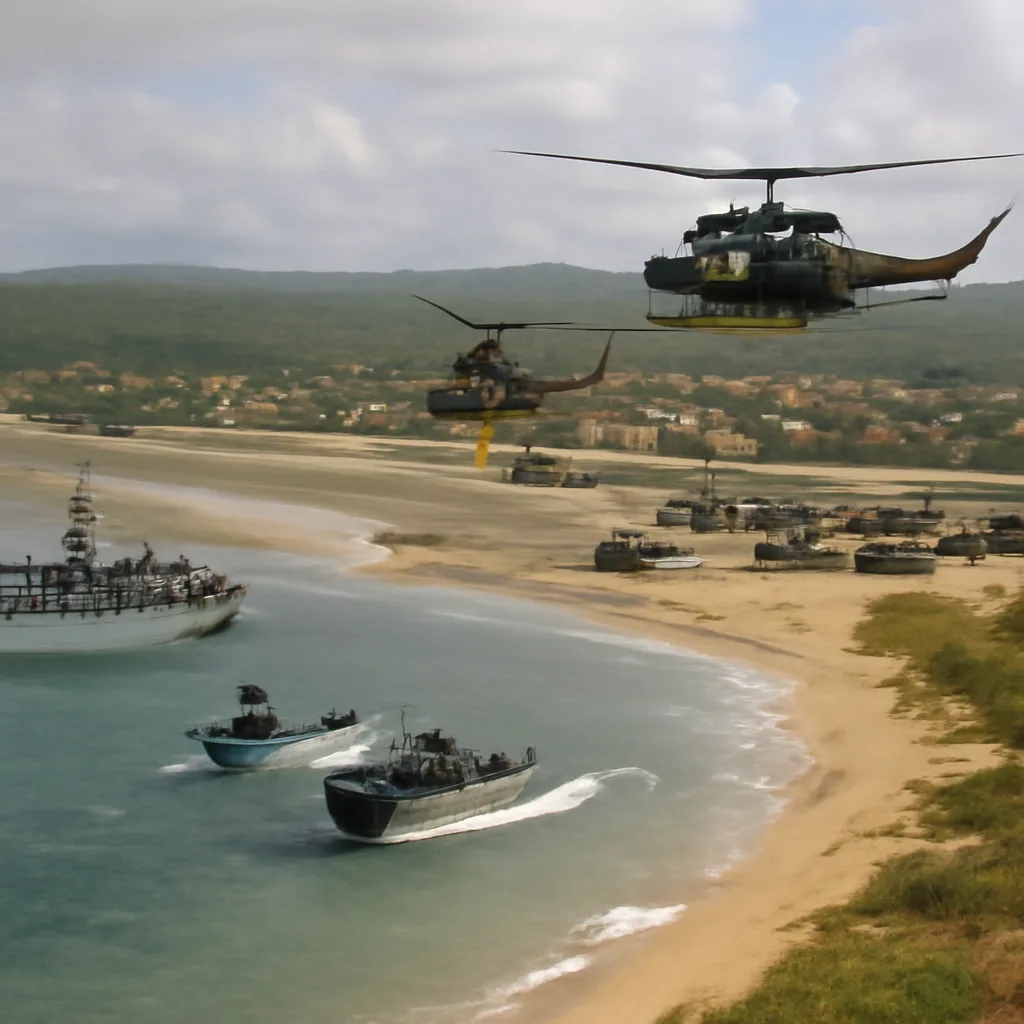 U.S. military helicopters and ships off the coast of Grenada as troops move toward the shoreline near a small Caribbean town and an airport runway.