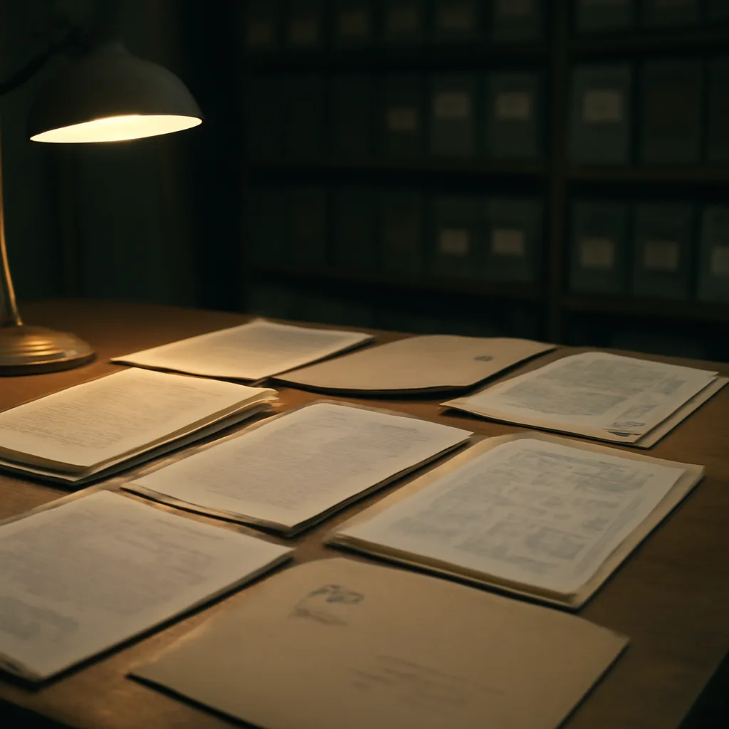 A stack of stamped government files labelled with dates and subject codes on a wooden table, with a partially visible Ministry of Defence letterhead at the top edge.