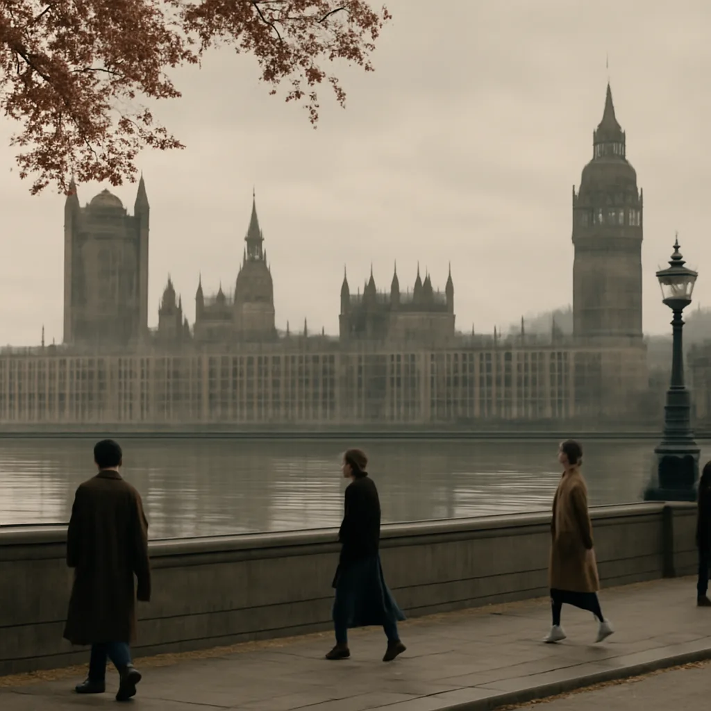 View of the UK Parliament buildings at Westminster from across the River Thames under overcast sky, showing the Palace of Westminster and Elizabeth Tower; empty forecourt and public area.
