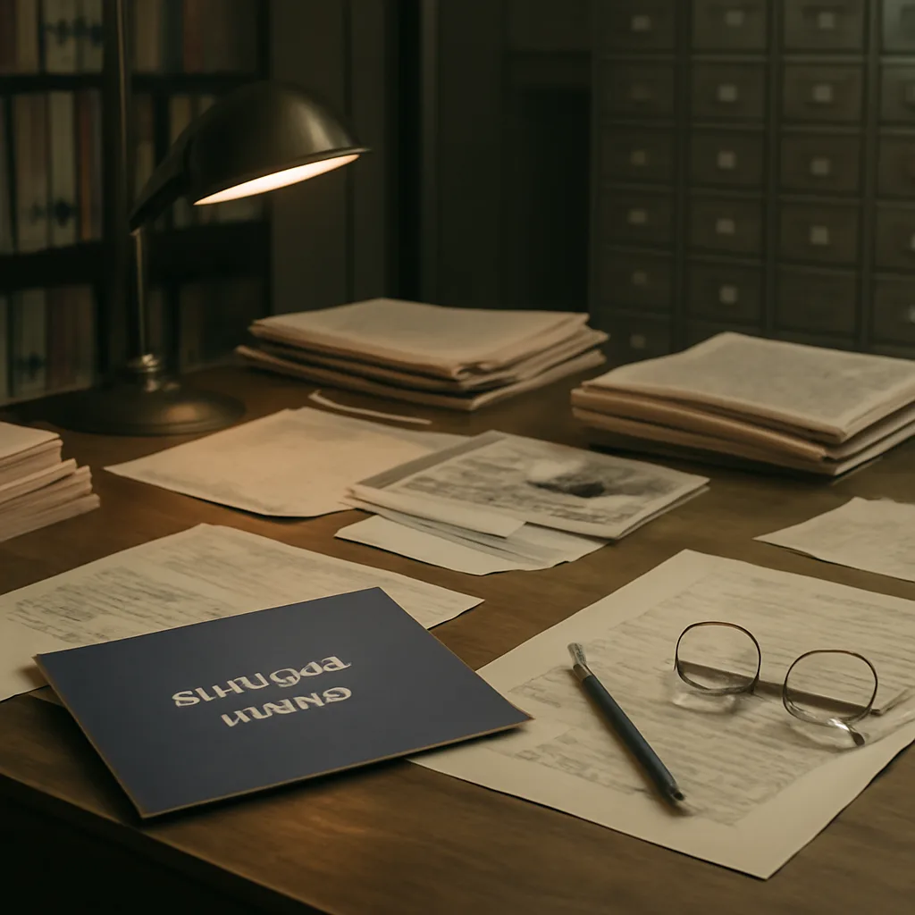 Stacks of declassified government files and police notebooks spread on a wooden table, labeled with dates from the 1950s–1990s, with a dim overhead lamp and a folded navy blue Ministry of Defence envelope nearby.