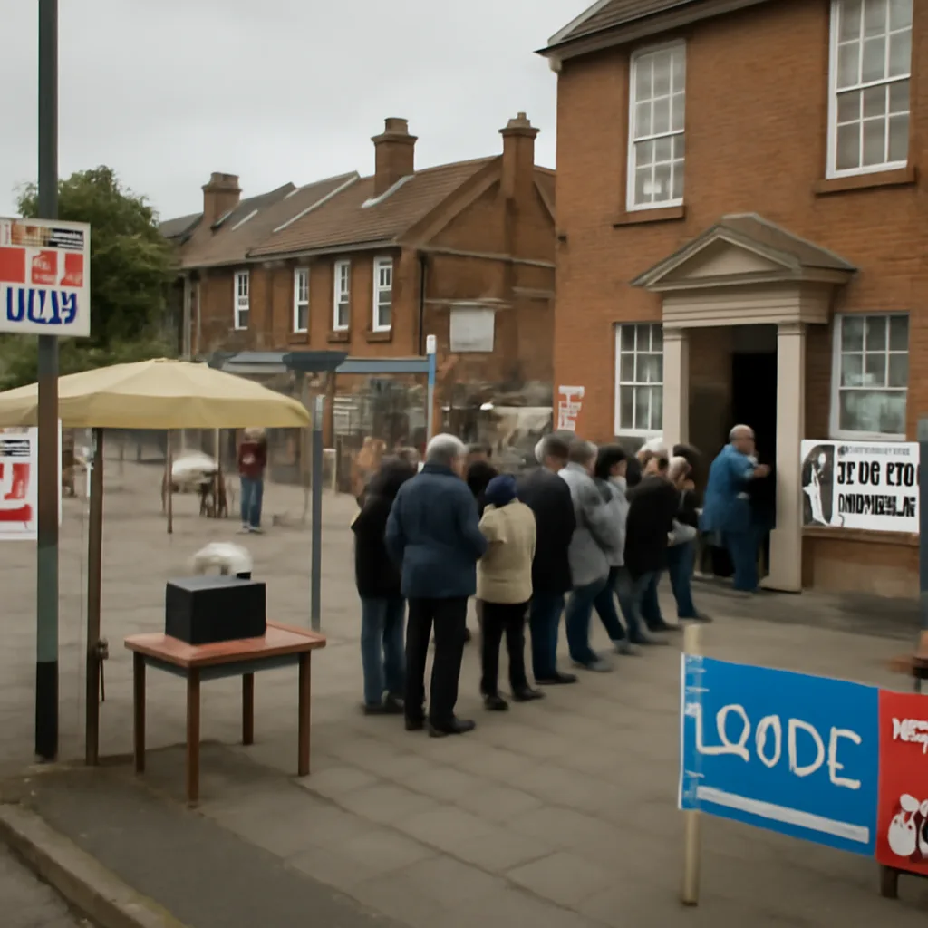 Crowds and campaign banners outside a UK polling station during the 2016 EU referendum, showing people queuing and postal ballot boxes; no identifiable faces.