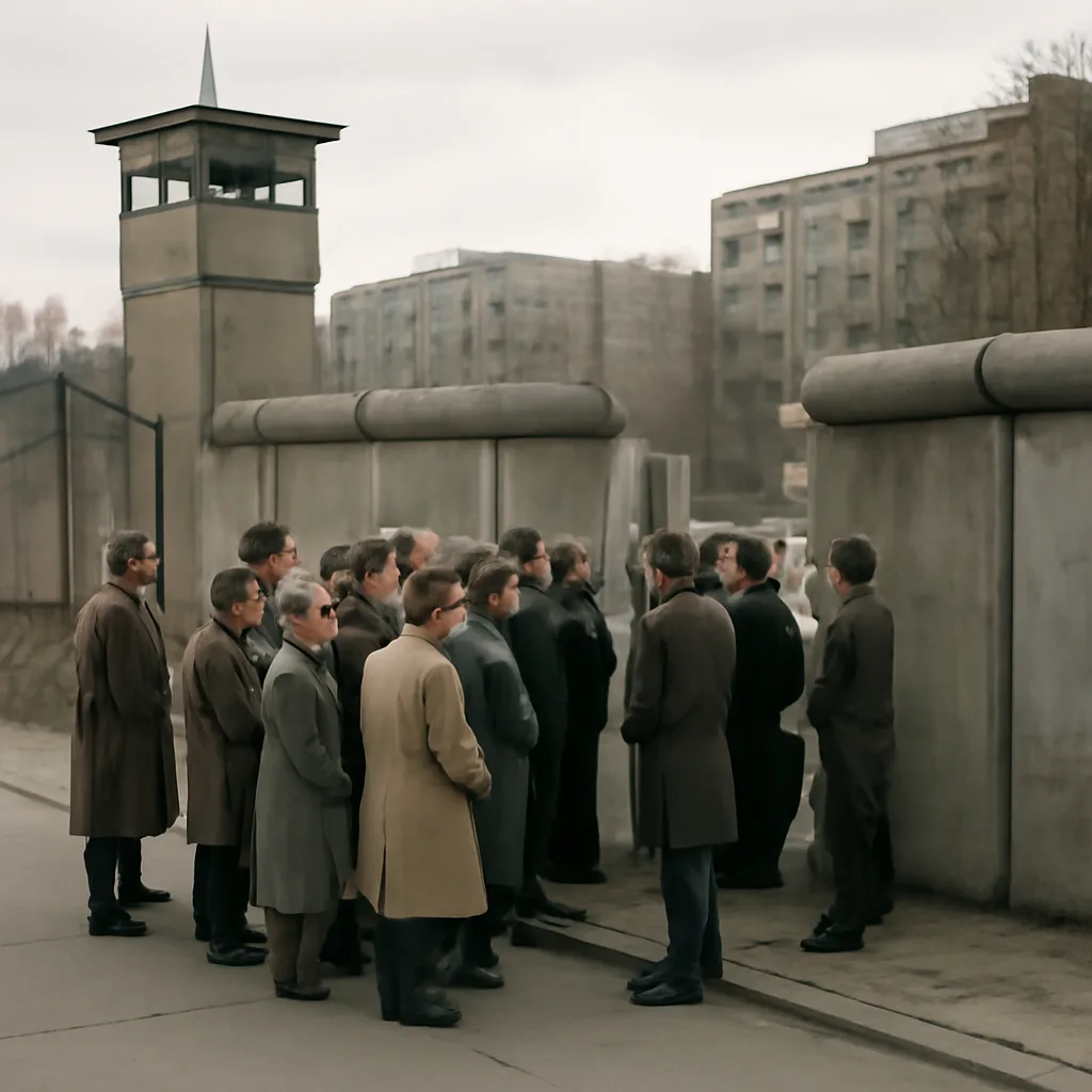 Crowds gathered near a Berlin border checkpoint at the Wall in spring 1989, with East German border structures and signage visible and people milling at an opening in the barrier.