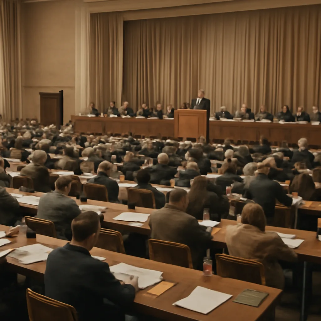 Delegates in mid-1940s dress gathered in a large assembly hall at the United Nations Conference in San Francisco, with papers and flags on tables; wide view emphasizing room, delegates, and a raised platform where discussions took place.