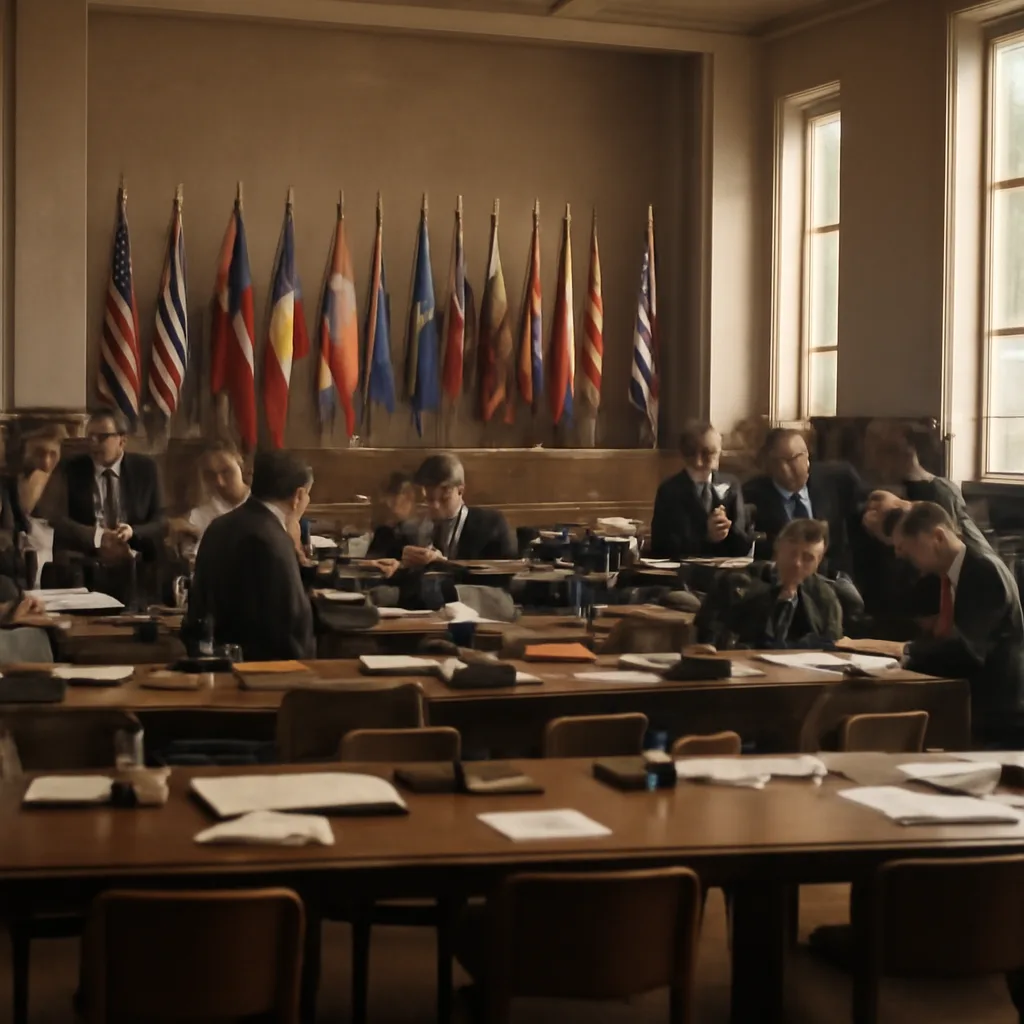 Delegates’ documents and flags on a long conference table in a mid-1940s assembly hall during the San Francisco conference that produced the UN Charter.