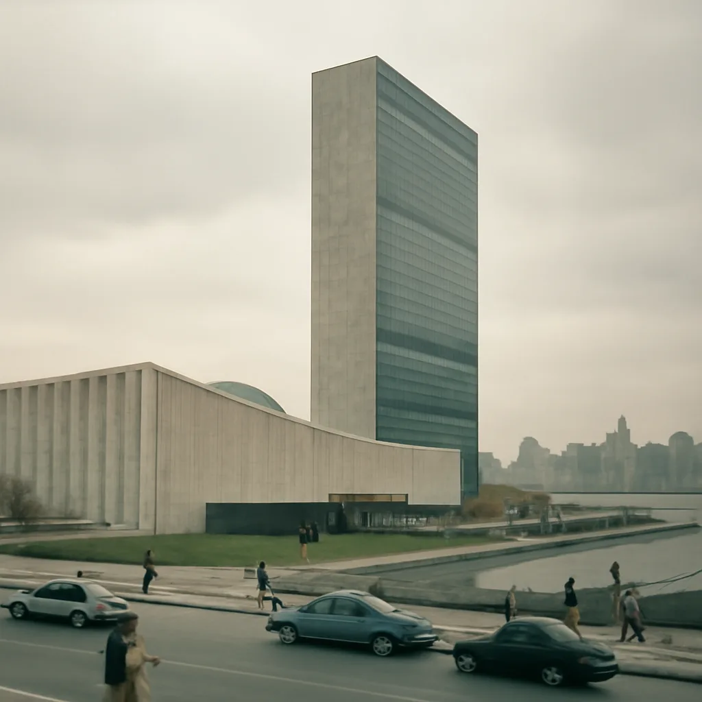 The United Nations headquarters complex on Manhattan's East River in the 1950s, showing the Secretariat Building and General Assembly along the waterfront with mid-century automobiles and period clothing on the adjacent streets.