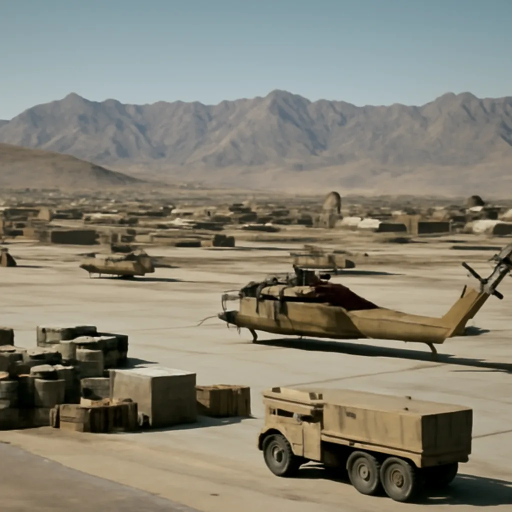 U.S. military helicopters and vehicles at an Afghan airfield during the 2010s, with distant low-rise buildings and mountains on the horizon.