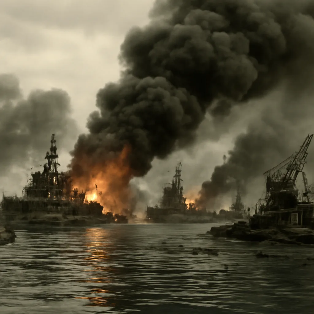 U.S. Navy ships listing and smoke rising at Pearl Harbor after the Japanese attack on December 7, 1941; naval vessels, burning oil on water, and damaged infrastructure visible.