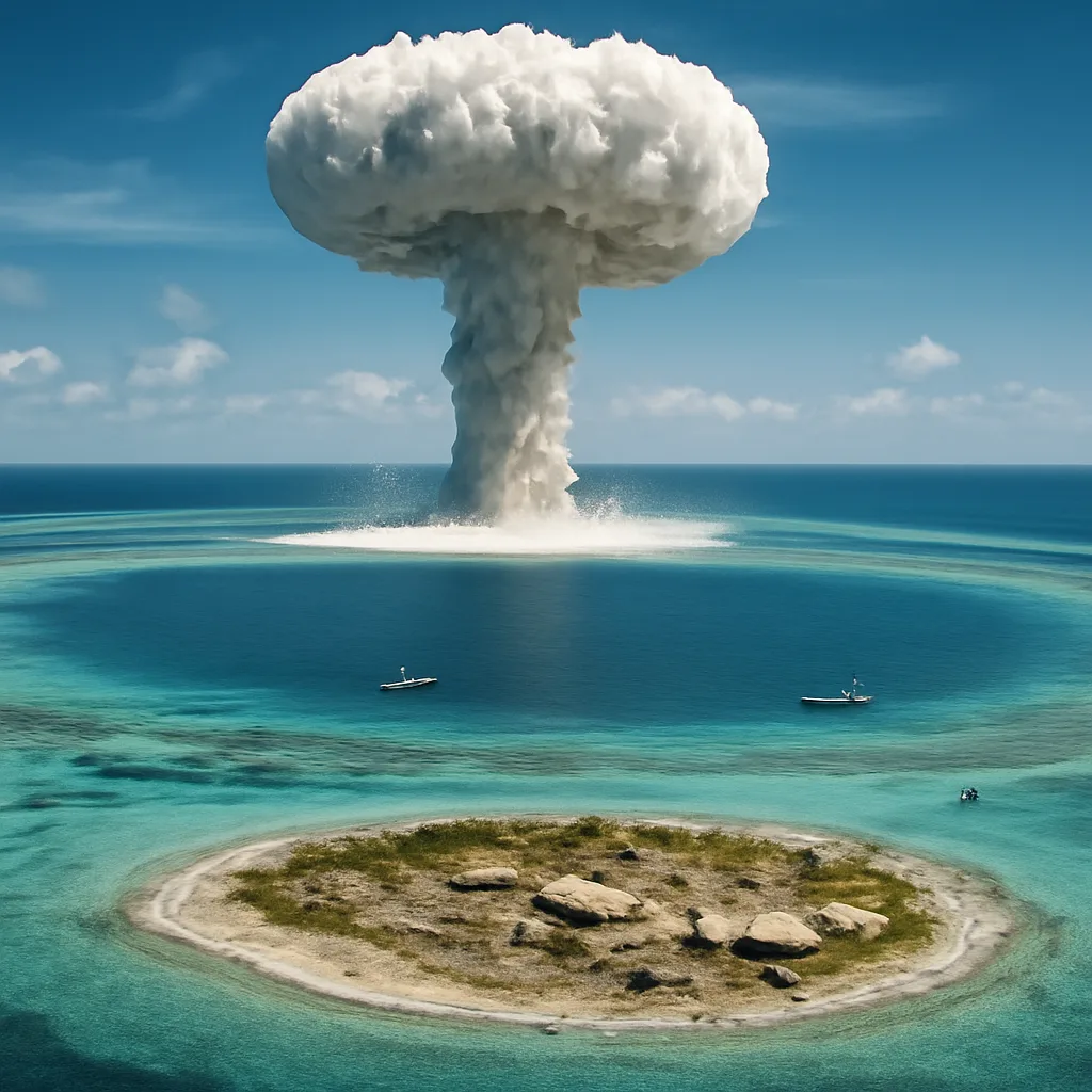 Aerial view of a Pacific atoll with a large water-filled crater and surrounding reef where an island was vaporized during a 1952 thermonuclear test; ships and observation platforms at a distance.