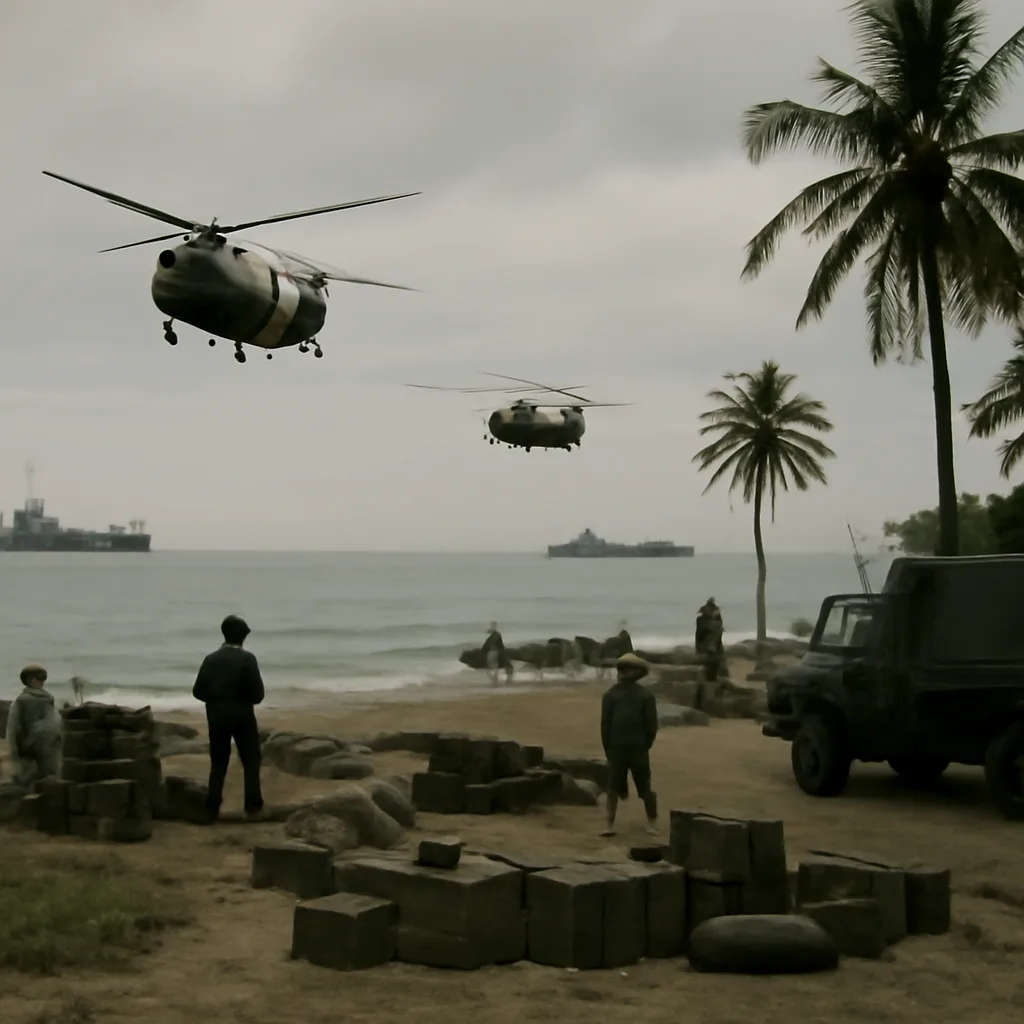 U.S. military helicopters and ships off the coast of Vietnam in the early 1970s; evacuation and withdrawal activity with military equipment and emptying bases visible.