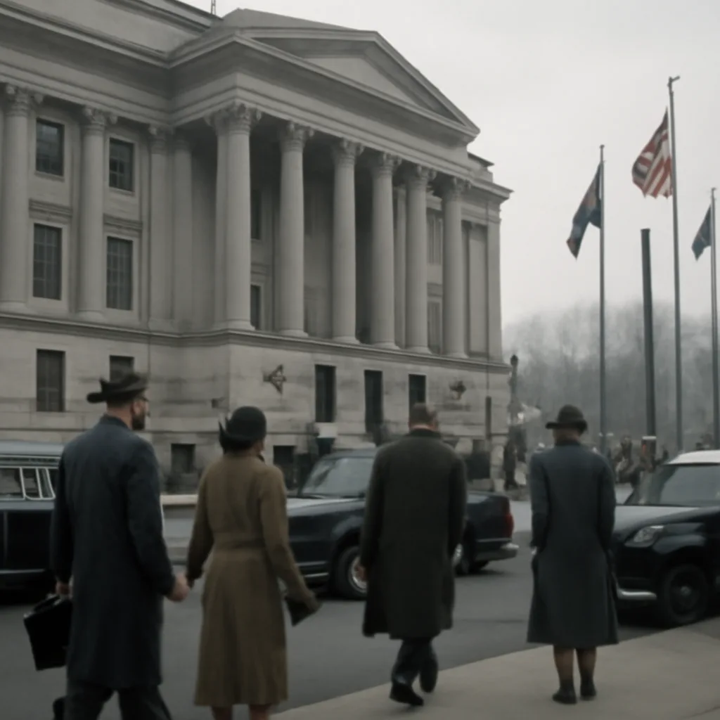 A 1940s diplomatic scene: a government building exterior with people in mid-20th-century attire and parked period cars, suggesting formal international relations in the late 1940s.