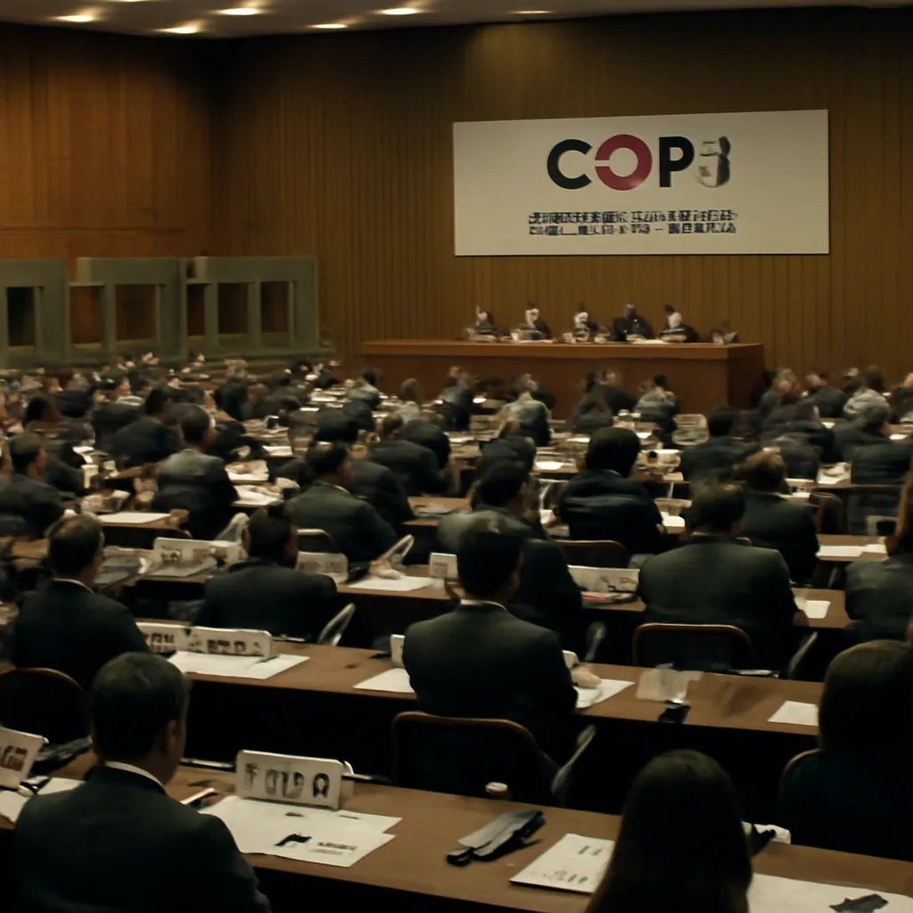 Delegates in a large conference hall at the 1997 UN climate conference in Kyoto, with placards indicating country names and a banner noting COP3 proceedings (no identifiable faces).