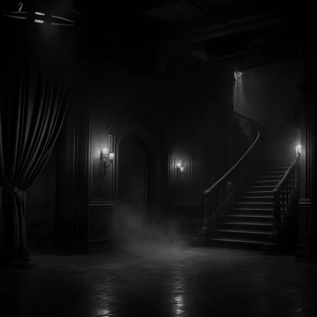 Black-and-white scene of a shadowed Gothic hotel lobby set with heavy drapery and period furnishings, suggestive of early 1930s studio horror production.