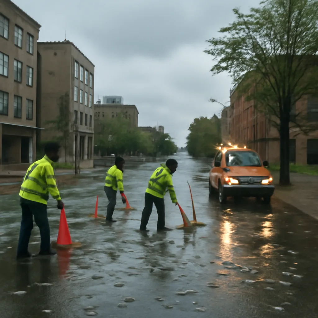 Street scene after a brief storm: small fish scattered across a wet urban roadway and sidewalk while municipal crews and traffic cones clear the area; no identifiable faces visible.