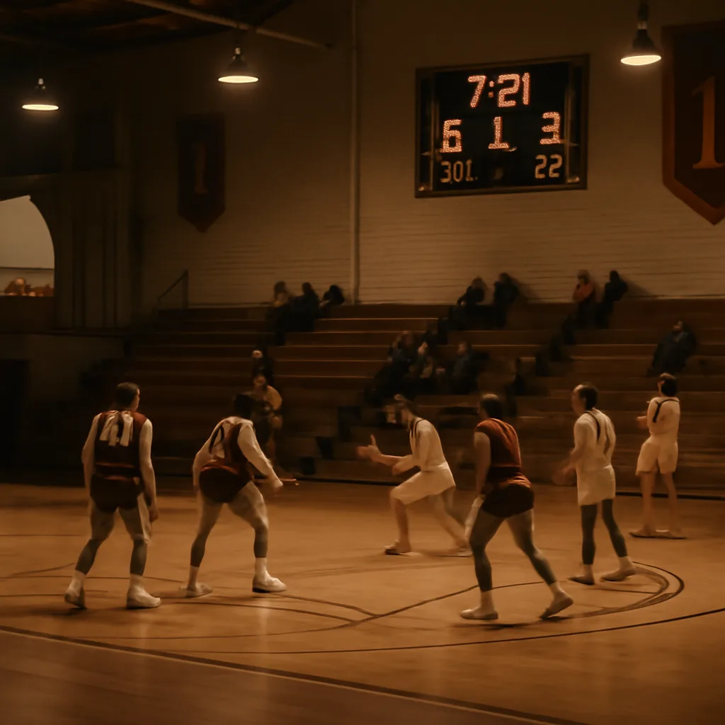 1970s high school gym interior with wooden bleachers, scoreboard showing a low score, and players in vintage basketball uniforms.