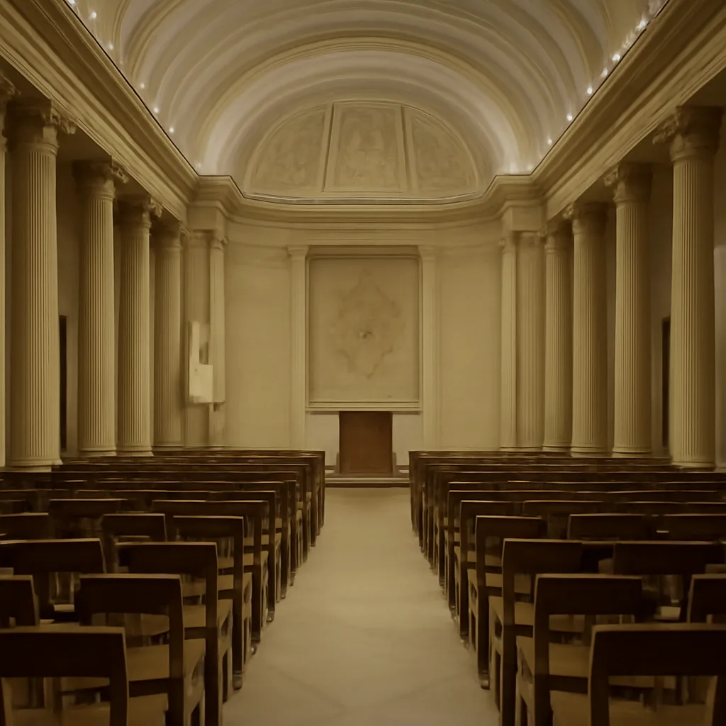 Interior view of the Pontifical Academy of Sciences meeting hall at the Vatican, empty lectern and rows of chairs with papal flags and classical architecture visible.