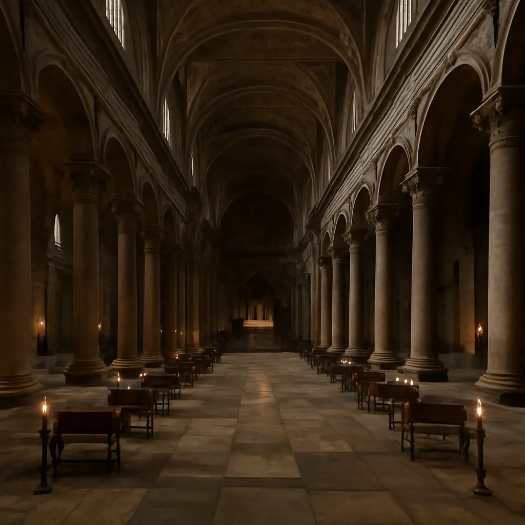Interior view of St. Peter's Basilica illuminated by soft light, empty nave emphasizing solemnity and historical weight.
