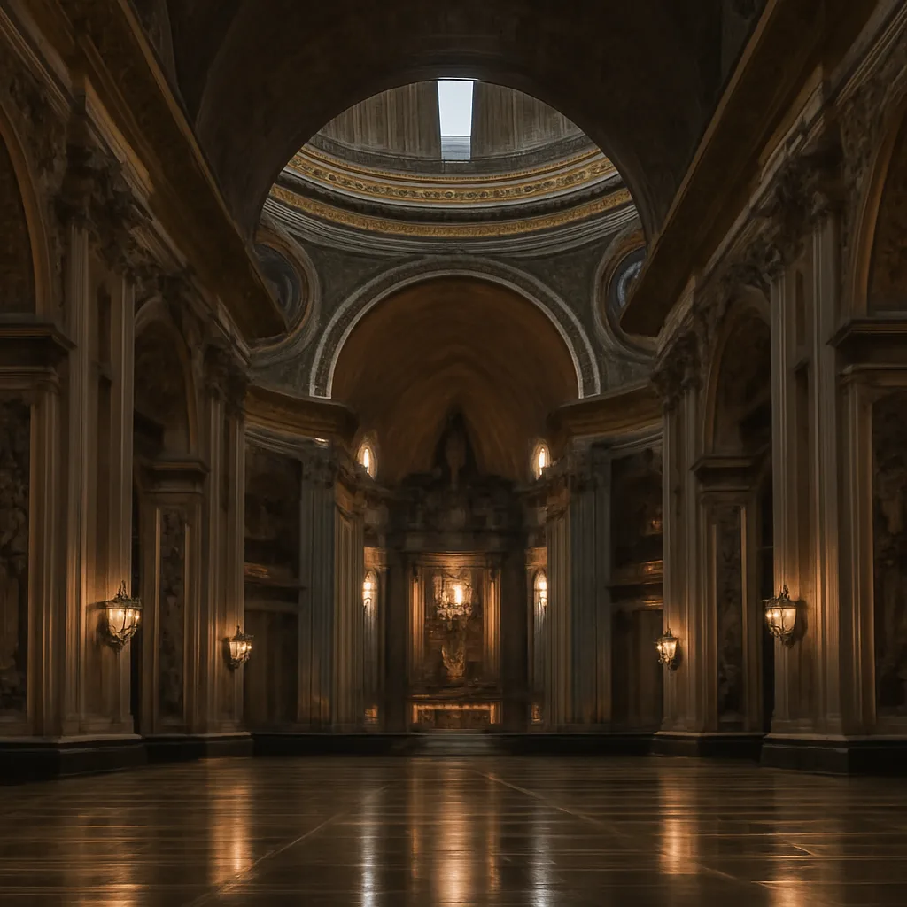 Historic interior of St. Peter’s Basilica seen from the nave, with subdued lighting and empty benches, conveying a solemn atmosphere appropriate to a formal apology.