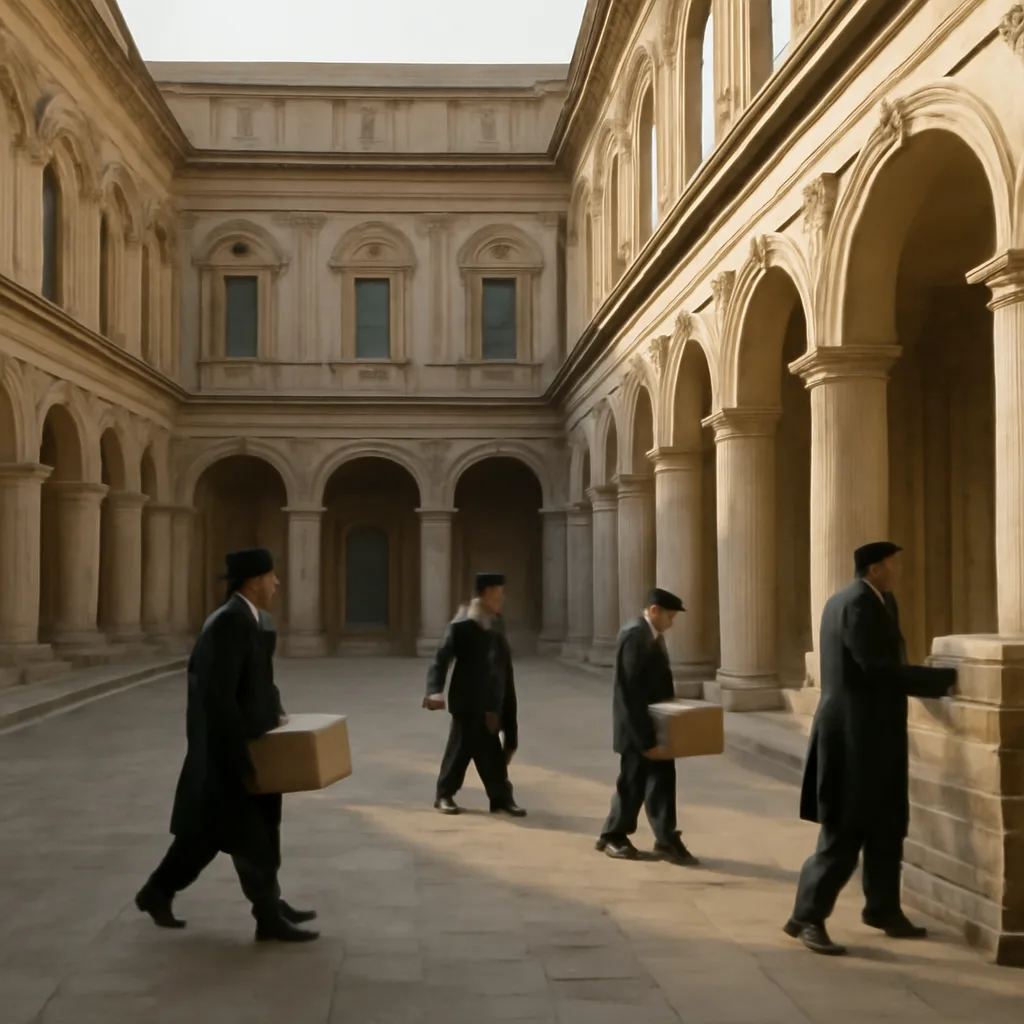 Exterior of the Vatican Apostolic Archive building and courtyard seen from a distance, with classical architecture and stacks of archival boxes visible inside through a reading-room window.
