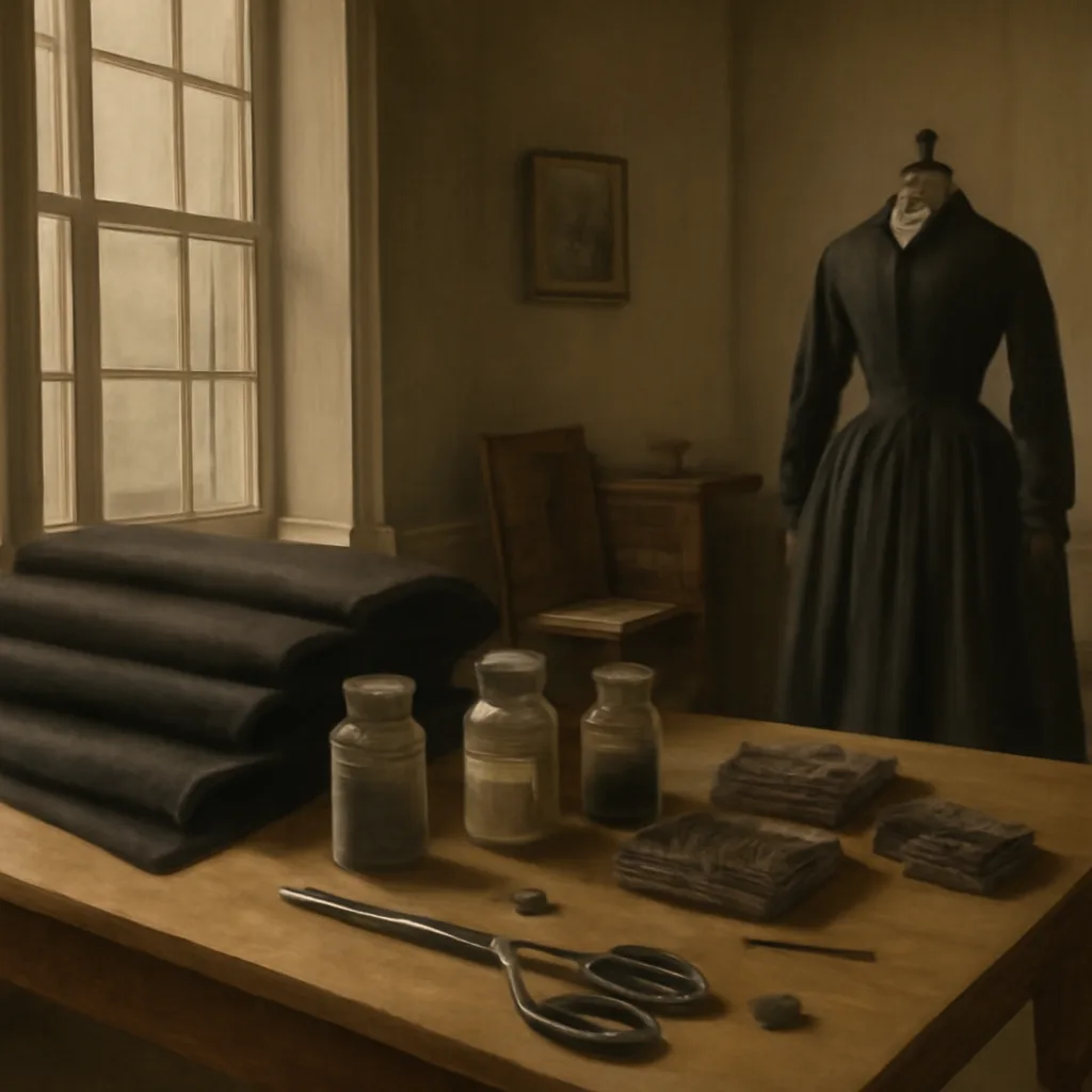 Victorian-era workshop table with black mourning fabric, dye jars and printed swatches laid out under natural light, evoking 1860s textile production.
