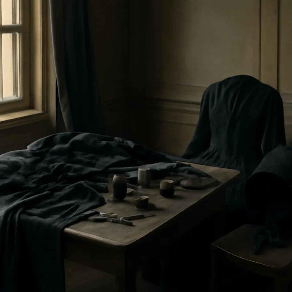 Mid-19th-century interior with a woman’s mourning dress and textile-trimming tools on a table, showing dark fabrics, spools, and jars of pigments; period-appropriate clothing and furnishings.
