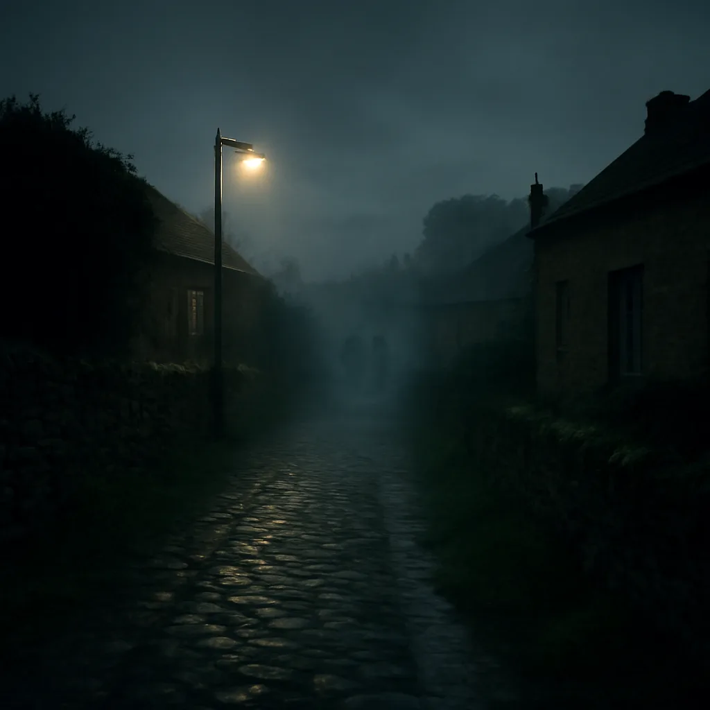 Narrow village lane at night with dim gaslight-style street lamp, hedgerows and silhouettes of houses under low cloud cover; no identifiable faces.
