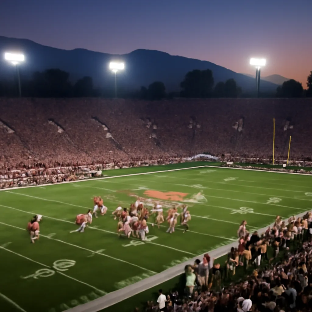 Wide stadium shot of a college football game in progress at the Rose Bowl in Pasadena, with players in mid-play and fans filling the stands.