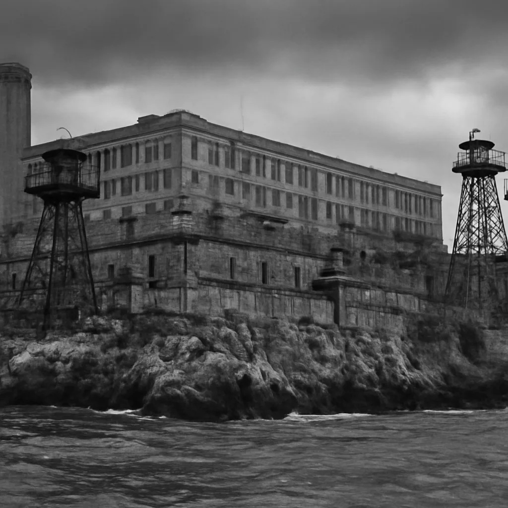Exterior view of Alcatraz Island prison buildings and cellblocks along rocky shoreline under overcast sky, 1930s-era security fencing and guard towers visible.