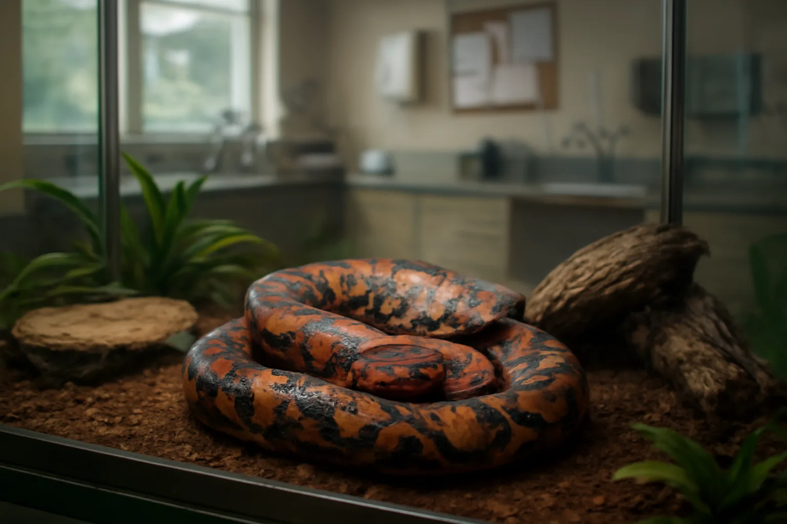 Brazilian rainbow boa coiled inside an indoor reptile enclosure at a college facility