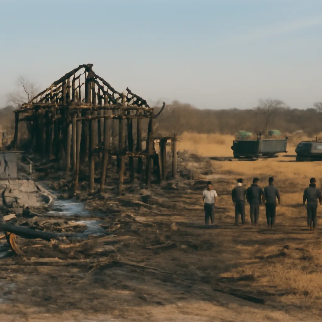 The charred remains of the Mount Carmel Branch Davidian compound near Waco, Texas, with burned wooden structures and scorched ground after the April 1993 fire.