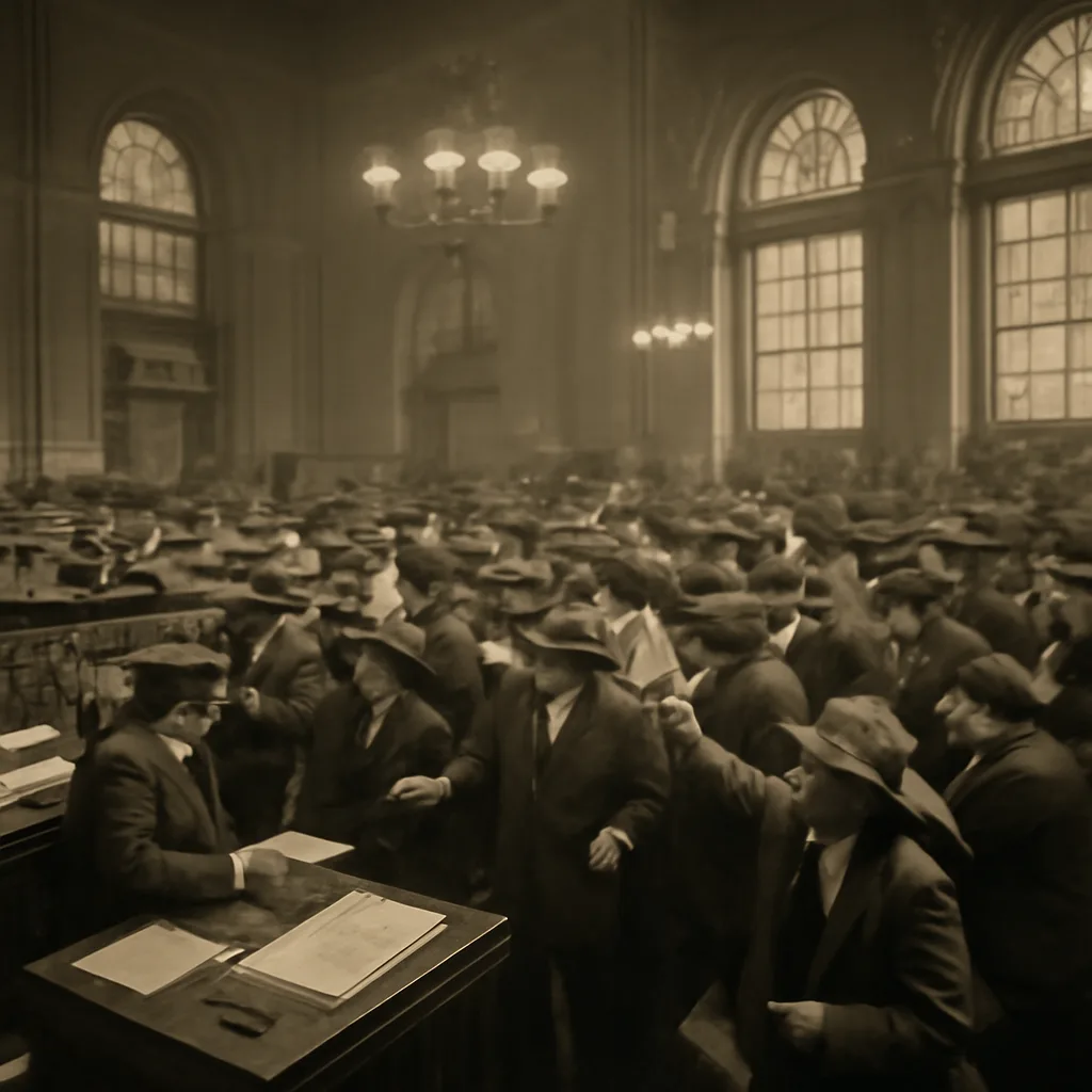 Crowds and brokers on the trading floor of the New York Stock Exchange in late 1920s attire amid a frantic trading session