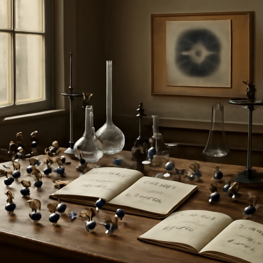 Scientists' workspace with molecular models and lab notebooks on a wooden table, 1950s laboratory setting with period equipment and glassware, no identifiable faces.