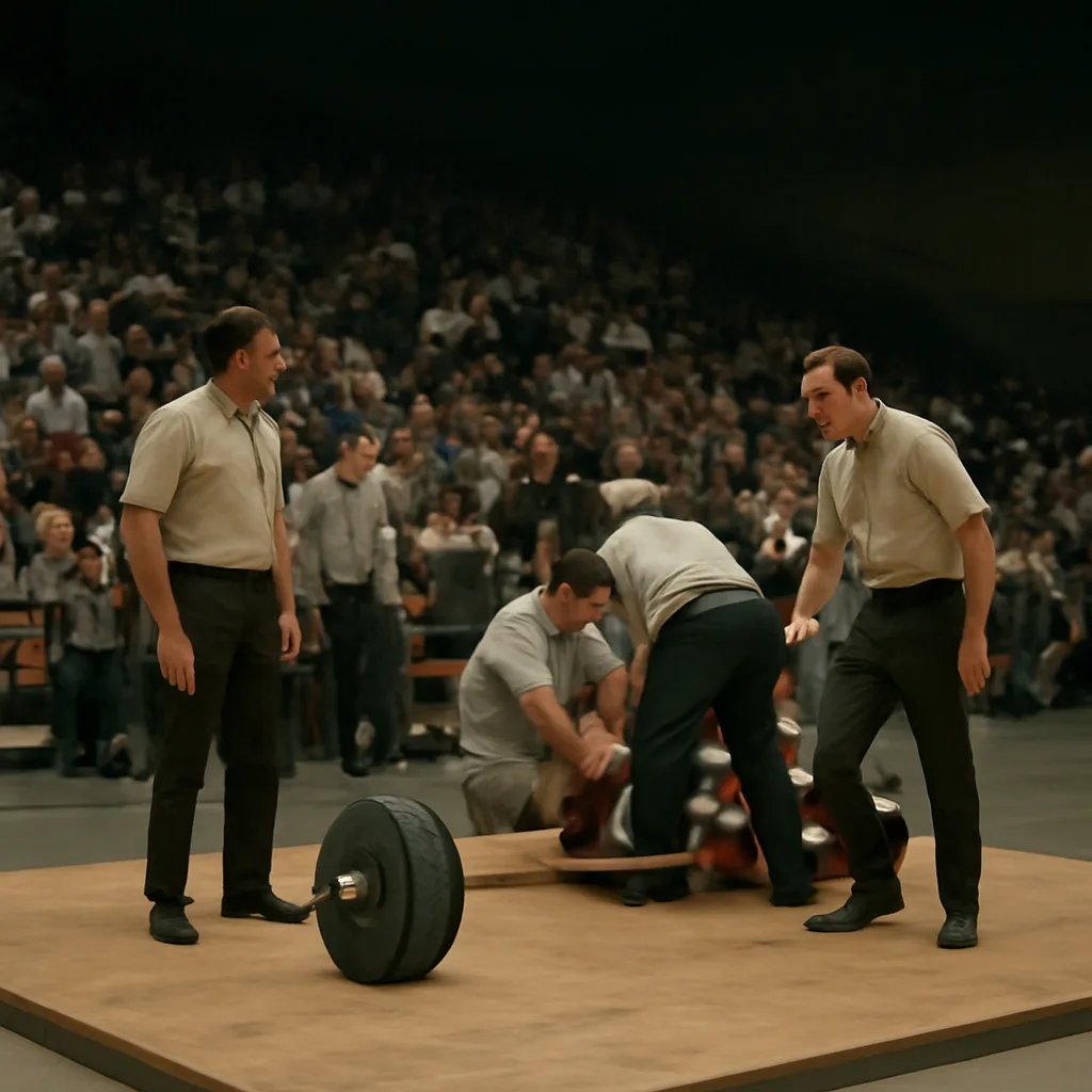 Indoor 1970s weightlifting arena with a loaded barbell on a platform and officials and medics approaching an athlete lying on the platform.