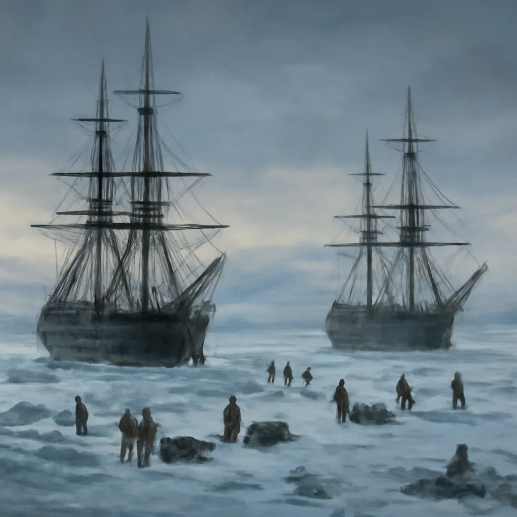 Two mid-19th-century wooden naval ships trapped in Arctic pack ice near a low, snow-covered shoreline under grey sky, with small groups of men in period cold weather gear attending sledges and stores at a distance.