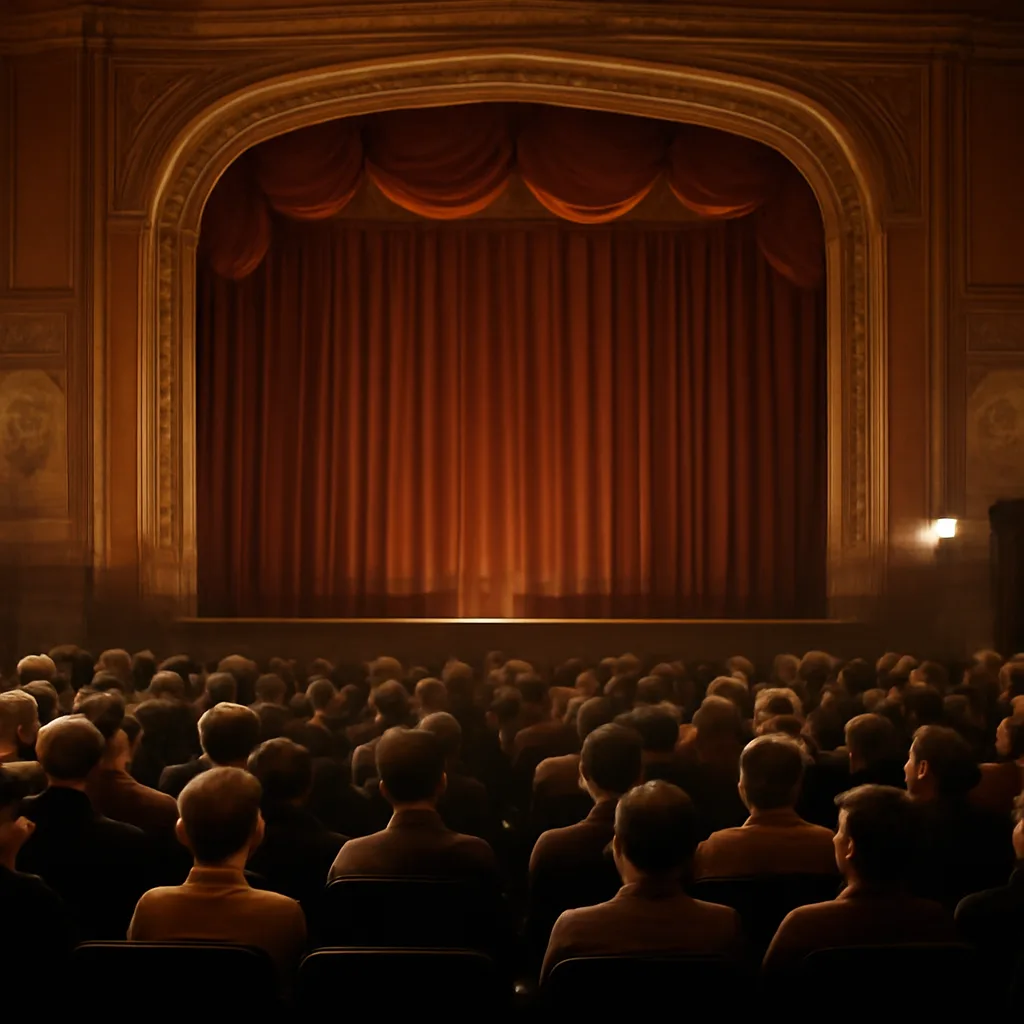 A 1920s movie theater auditorium with a decorated proscenium and projection booth; patrons in period clothing seated facing a screen, suggesting an early synchronized-sound film exhibition.