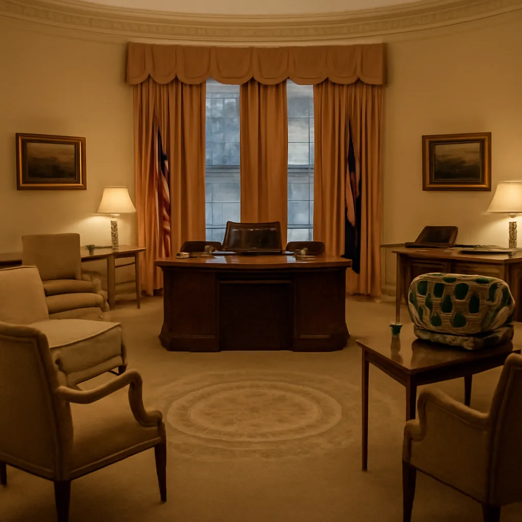 Oval Office interior in early 1970s style showing desks, chairs and a reel-to-reel tape recorder on a side table; no identifiable faces.