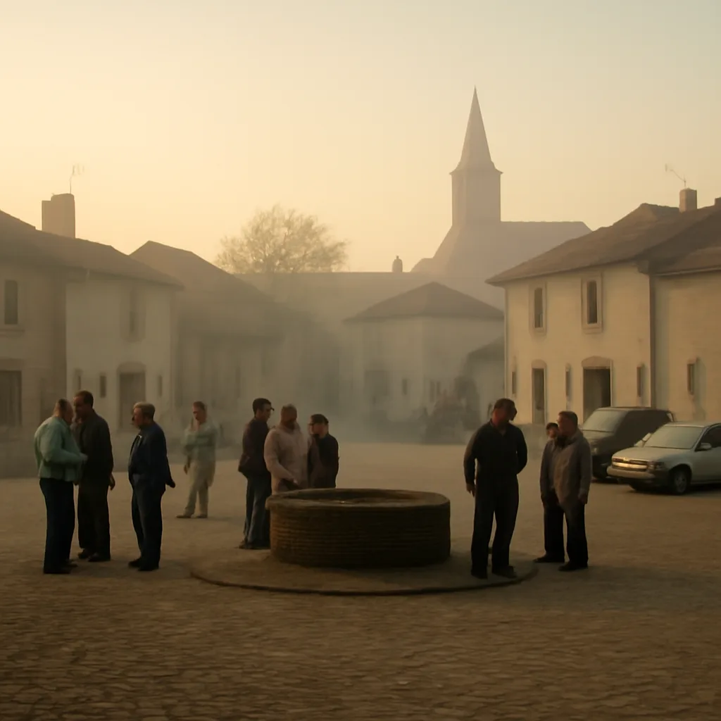 A small village square at dawn with people gathered and talking, early-2000s cars parked at the edge, and a nearby recognizable local landmark visible in the background.
