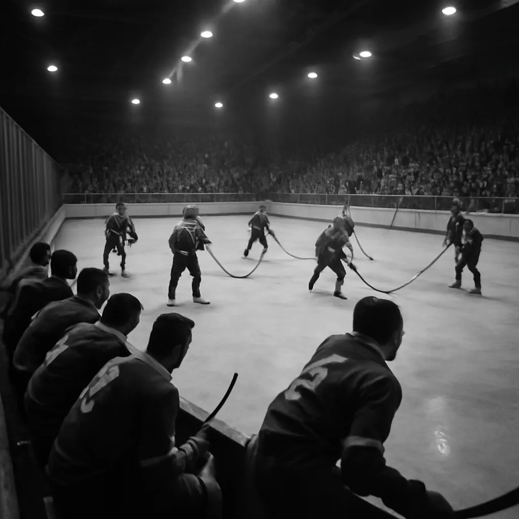Black-and-white scene of a 1950s-era ice hockey arena interior showing players on the ice and spectators in period clothing; focus on the game atmosphere rather than individual faces.