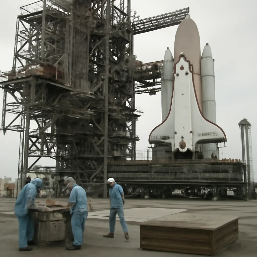 Launch pad area at Kennedy Space Center in the early 1980s showing ground equipment, scaffolding, and the Space Shuttle orbiter on the pad; no identifiable faces.